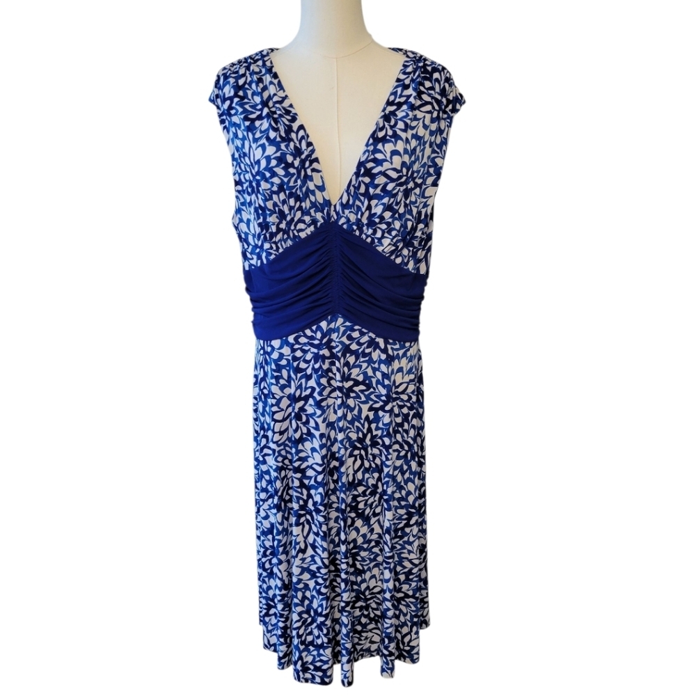 Jones New York Blue & White Sleeveless Draped Dress Size 16